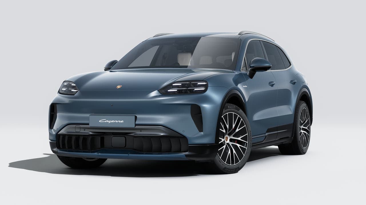 2026 Porsche Cayenne Cayenne S Electric in Pale Blue Metallic — front three-quarter view